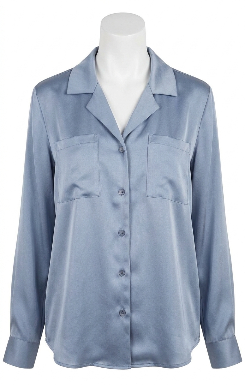 NEW BOBI silky long sleeve button up top in blue
